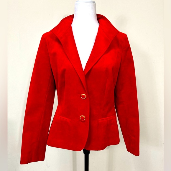 NEW VINTAGE Cherry Red Faux Suede Coat Straight Skirt Zipper 2 pc Jacket Suit 12 - Picture 2 of 14